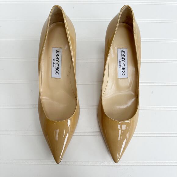 Jimmy Choo Anouk Kitten Heel Pumps Patent Leather Nude Tan Pointed Toe - Picture 12 of 12